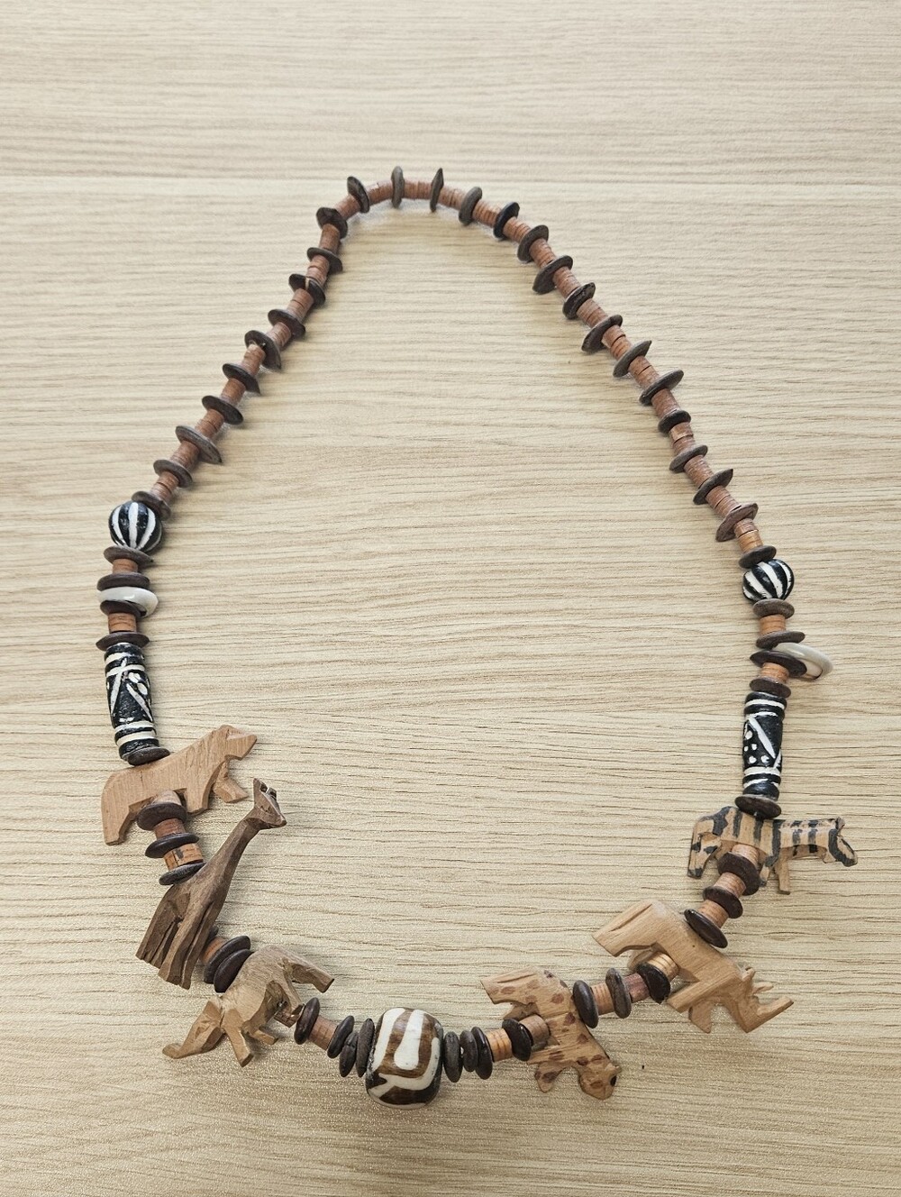 Vintage African Safari Handcarved Beaded Necklace